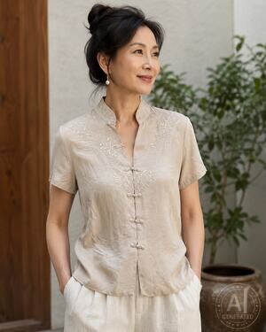 Vtg 100% Silk Hand Embroidered Chinese Blouse Women’s M Mandarin Collar Beige